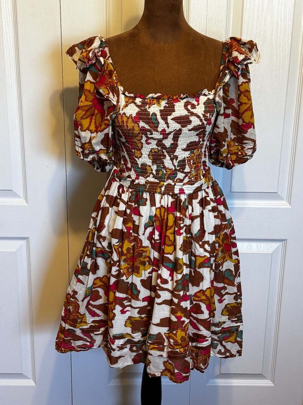 Cleobella Kira Organic Cotton Floral Smocked Puff Sleeve Mini Dress XS